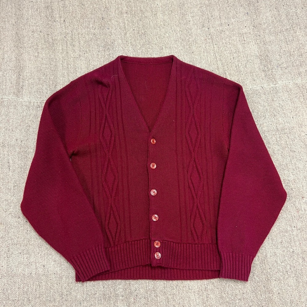Vintage Cardigan Mens Medium Red 1960s Cable Knit